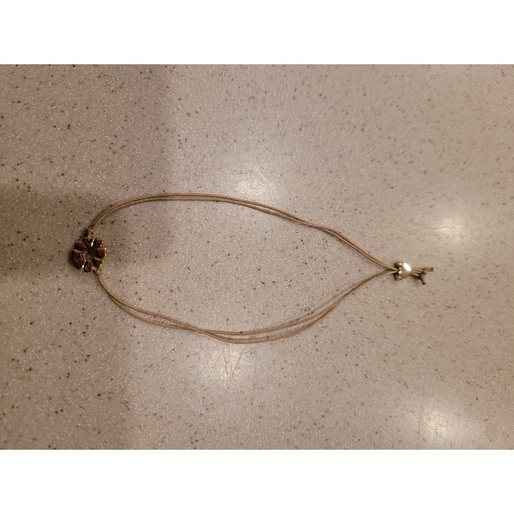 Gold Tone Flower Heart Petal Cord Bracelet Adjustable Tan String Crystal Accent